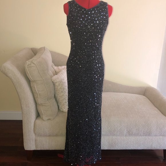 Stenay Vtg 90s Black Silk Beaded Full Length Dress Glamcore Old Money Sparkly - Picture 1 of 16